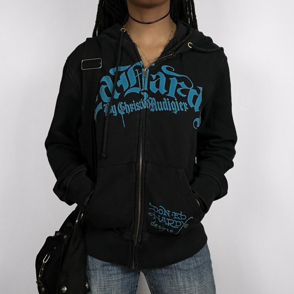 Vintage Ed Hardy Full Zip Hoodie Sweatshirt Faded Black Grunge Goth Emo Y2K